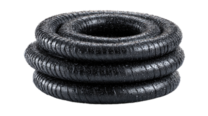 Black Flexible Pipe Rolled Up: A detailed shot capturing the coiled form of a durable, black flexible pipe, showcasing its design and construction.