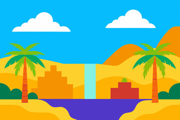 Obraz premium A captivating vector illustration of a tropical city landscape with palm trees and a beautiful beach at sunset