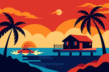 Obraz premium A vibrant tropical sunset paints the sky over a serene beach with silhouetted palm trees, inviting a summer vacation to paradise island