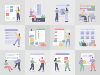 Diverse group of people collaborating on projects and tasks in a modern office setting showcasing teamwork and digital interfaces silhouette
