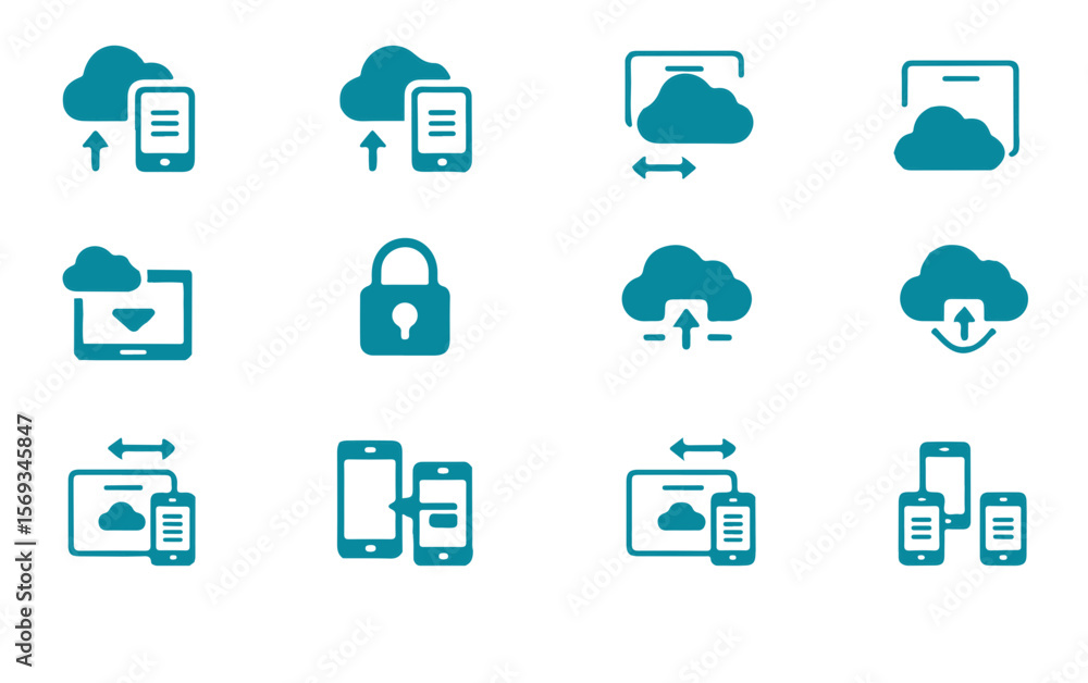 Poster collection of digital icons representing cloud computing services and mobile device connectivity inc