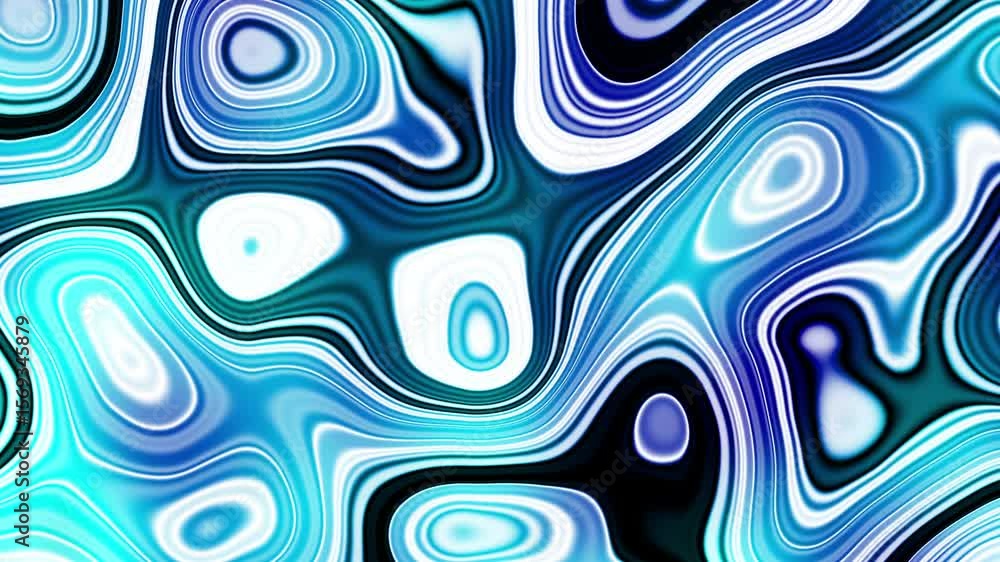 Poster Liquid psychedelic pattern of curved lines. Motion. Moving liquid pattern with curved lines. Spots and curved lines move in psychedelic