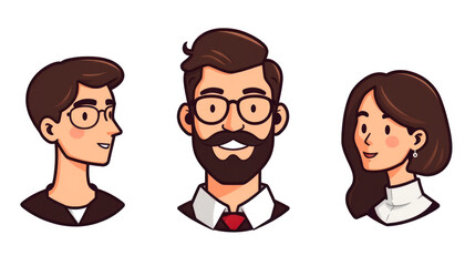 Professional Character Illustrations Featuring Young Man, Bearded Man, and Woman with Elegant Hair, Perfect for Business and Networking Themes