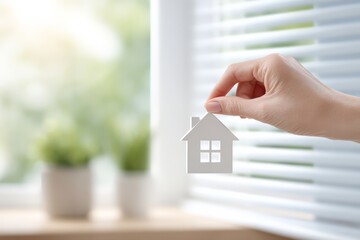 Parent installing cordless blinds focus on copy space calm secure hues Double exposure silhouette with home and safety symbols