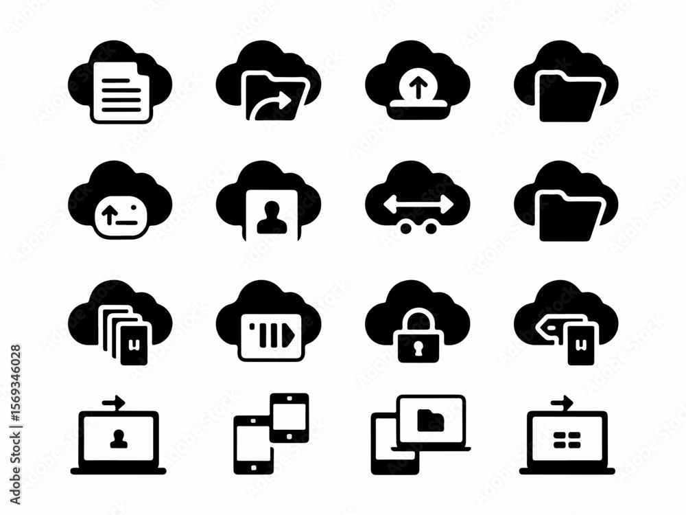 Poster collection of cloud computing icons representing data transfer file management user profiles and sec