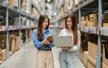 Asian warehouse staff teamwork, supply chain logistics management, shipping inventory check with laptop and clipboard, modern e-commerce b2b fulfillment, smart warehouse system wms operation, industry