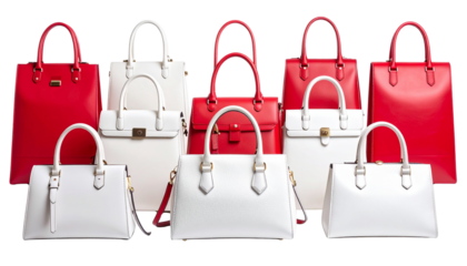 Elegant women handbags collection luxury fashion accessories red isolated on solid white background Png