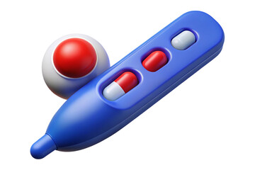 Stylized 3d illustration of a blue thermometer with red and white pills isolated on transparent background