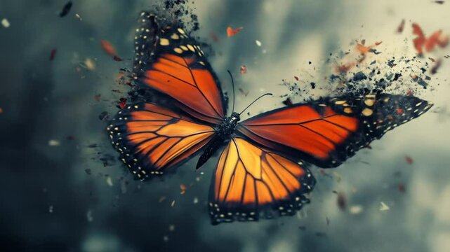 A monarch butterfly in flight, dissolving into particles