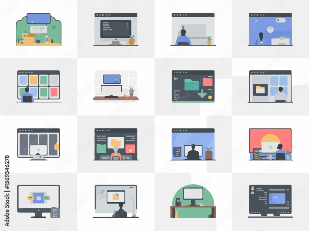 Fototapete Collection of flat design illustrations depicting people working on computers and digital interfaces with a distinctive silhouette style