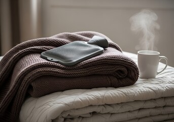 Cozy blanket with hot water bottle and steaming cup of coffee  