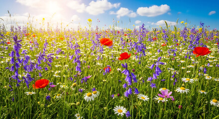 Vibrant Wildflower Meadow with Bluebells, Poppies, and Daisies under a Sunny Sky