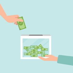 Hand holding donation box collecting money and hand putting paper money  in the donate box. providing material assistance to socially vulnerable people vector illustration