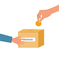 Hand holding donation box collecting money and hand putting coin in the donate box. providing material assistance to socially vulnerable people vector illustration