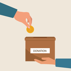 Hand holding donation box collecting money and hand putting coin in the donate box. providing material assistance to socially vulnerable people vector illustration