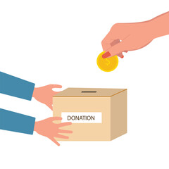 Hand holding donation box collecting money and hand putting coin in the donate box. providing material assistance to socially vulnerable people vector illustration