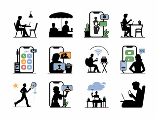 Collection of modern lifestyle and remote work scenes depicted as simple black silhouettes with colorful accents representing technology and daily activities