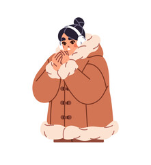Frozen girl in outerwear warms up her hands. Young woman in winter clothes freezes. Sad person in coat with fur shivers from cold weather. Flat isolated vector illustration on white background