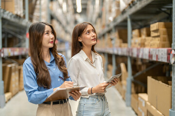 Asian warehouse staff teamwork, supply chain logistics management, shipping inventory check with...