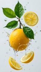 in a vibrant composition against a bright backdrop, a whole citrus fruit is presented with a cluster of leaves attached to its top