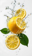 in this image, slices of bright yellow citrus fruit along with green leaves are captured in motion, seemingly suspended in air against a clean, white backdrop