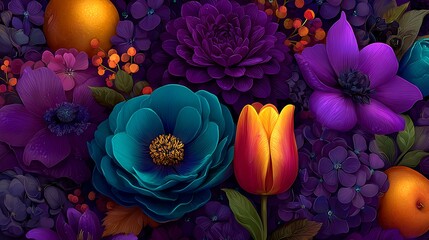 Vibrant Autumn Floral Background with Dark Flowers, and Design.