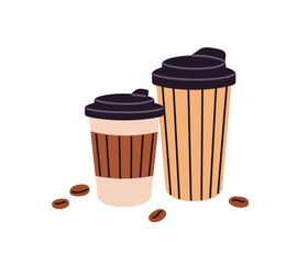 Paper cups of black coffee or with milk. Mugs of takeaway drinks from coffeehouse. Coffe to go from cofee shop. Hot beverages, tea, cappuccino. Flat isolated vector illustration on white background