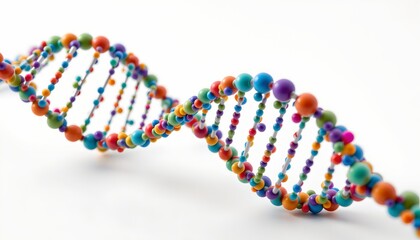 a model of a double helix structure is shown on a light backdrop. the helix is created with two strands of small, colorful beads that are connected together