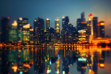 Fototapeta premium Blurred cityscape of singapore reflecting on water at dusk, showcasing illuminated skyscrapers and modern urban architecture