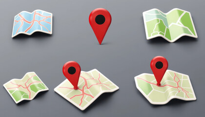 Maps with Red Location Pins for Navigation and Direction Finding in Modern Design Aesthetic