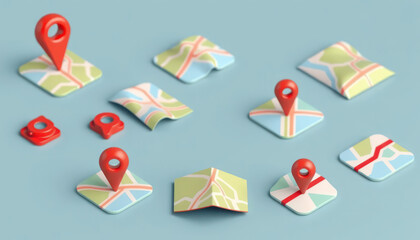 3D Map Pins and Location Markers on a Soft Blue Background for Navigation and Travel Concepts
