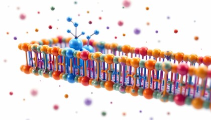 the image displays a colorful, detailed model of a cellular structure. it features rows of interconnected spheres in various colors, connected by vertical lines to create a wall like barrier