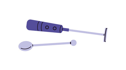 Hand milk frother with tea spoon. Icon of electric foamer for coffee. Cooking tool, kitchen utensil for preparing drinks with cream, cappuccino. Flat isolated vector illustration on white background