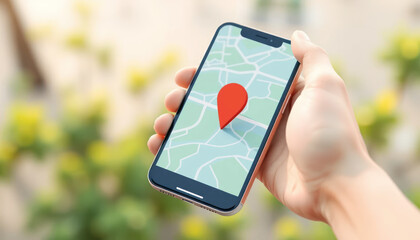 Person Holding Smartphone with Map Application and Location Pin in a Natural Outdoor Setting