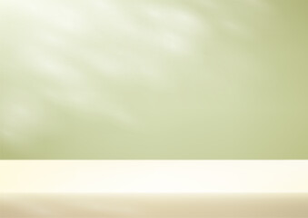 Display podium product light pastel green and beige background. Empty room with shadow leaves space for selling products on the website. Vector illustration.