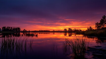 Fototapeta premium Vibrant Sunset Lake Reflection Landscape.