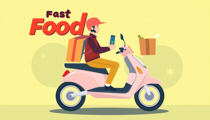 Delivery Rider on Scooter with Fast Food Packages and Smartphone, Modern Flat Design, Yellow Background