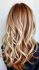 Naklejka premium the image focuses on the back of a person's head and shoulders, highlighting their flowing, wavy hair. the hair is a blend of shades, with the upper portion a combination of dark and light tones