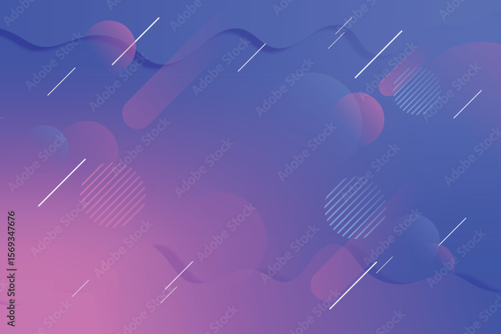 Poster abstract background with pink and blue gradient, circles, rounded shapes and diagonal lines scattere