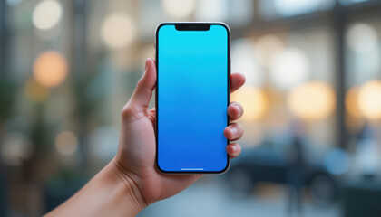 Hand Holding a Smartphone with a Blank Gradient Screen in a Modern Urban Environment with Blurred Background Visuals