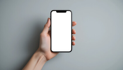 Hand Holding Smartphone with Blank Screen on Minimalist Gray Background for Mockup or Template Design