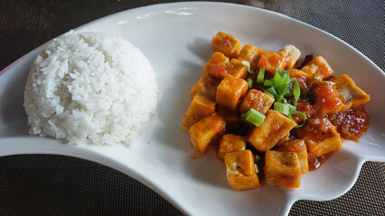 A dish of white rice and glazed roasted tofu cubes topped with tomato sauce and green onions, healthy vegan meal