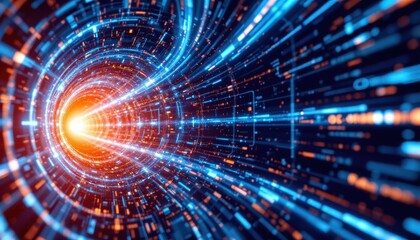 Obraz premium create an abstract image featuring a blue energy tunnel posed of particles, the tunnel should have a grid of high tech lines and be set against a glowing background effect