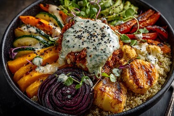 Artistic and Detailed Rendering of a Vibrant Healthy Vegan Buddha Bowl with Roasted Vegetables, Quinoa, Avocado, and Microgreens Captured in Soft Daylight for a Realistic Food Photography Experience