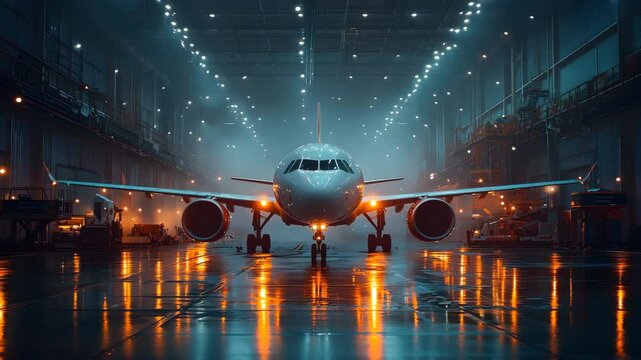 Airplane being serviced in a glowing hangar showcasing aviation technology