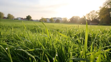 Sun-kissed green grass and morning fog blanket the summer field, a serene agricultural landscape under a vast blue sky