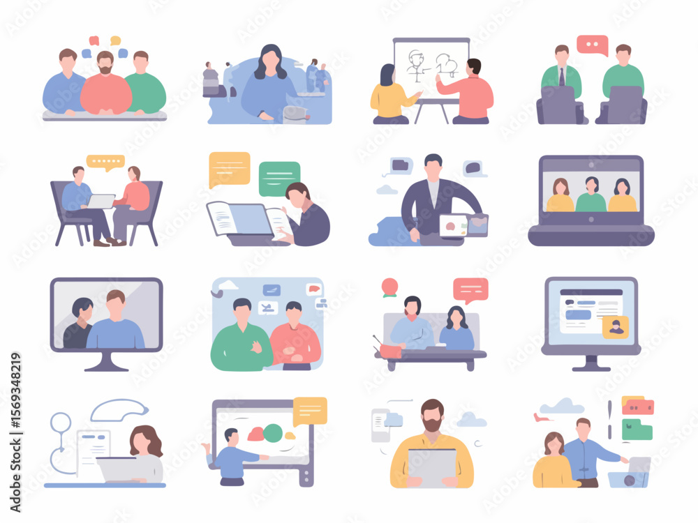 Poster diverse business professionals collaborating in meetings and presentations using technology and comm