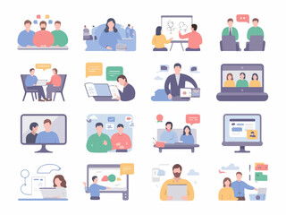 Diverse business professionals collaborating in meetings and presentations using technology and communication tools silhouette