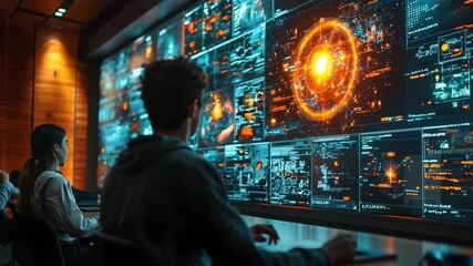 High tech classroom with students interacting with holographic displays - Powered by Adobe