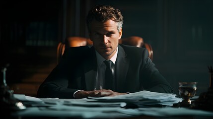 Confident Businessman Reviewing Documents in Dark Office